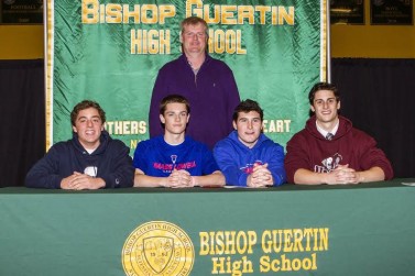 From L to R: Alex Astarita, Gage Sevigny, Dillon Hayes, Max McCabe. Coach Chris Cameron stands behind them.